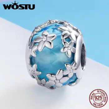 

WOSTU 2019 New 100% 925 Sterling Silver Daisy Blue Glass Beads Charm Fit Bracelet Bangle DIY Silver Jewelry Making Gift FIC878