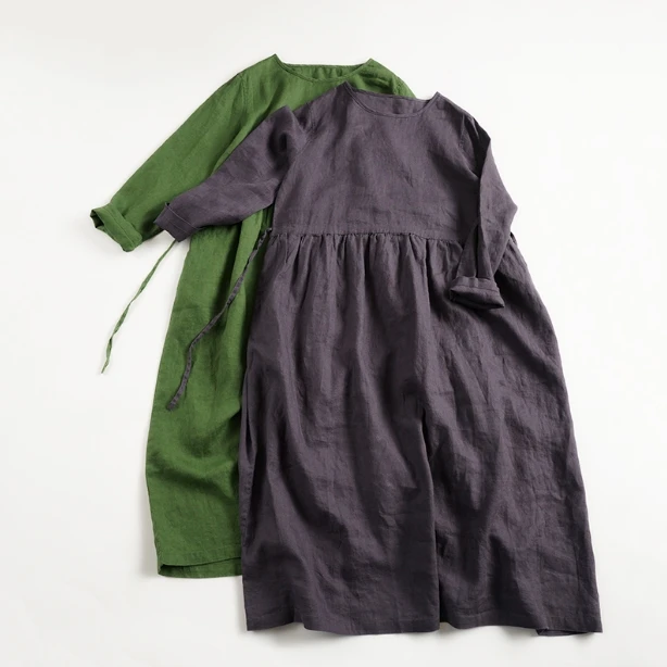 

Water-washed soft long-sleeved linen dress J20190200181