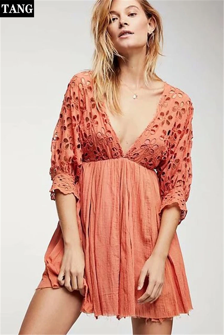 

2019 Summer Women Boho Sexy Sundress solid red Hollow out Backless Mini Dress half sleeves Deep V-Neck Party Dress vestidos M