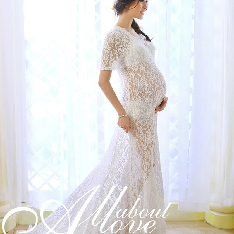 

OkayMom Maternity Photography Props Sexy V Neck Long Lace Wedding Party Dress For Pregnant Women Pregnancy Wear Dresses Clothing