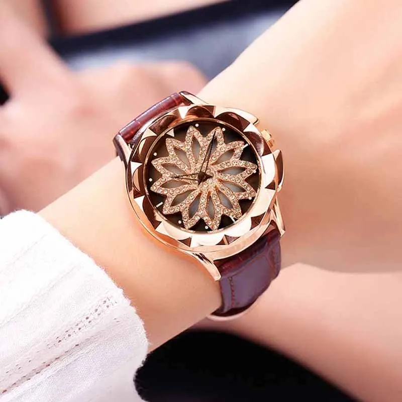 Модные женские часы с цветком и бриллиантами, розовое золото, стальной браслет, стразы, кварцевые женские часы, креативные часы - Цвет: leather brown