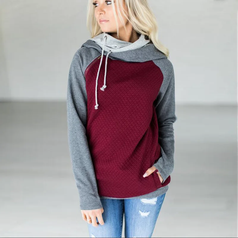 Oversize Casual Patchwork Women Double Hood Hooded Hoodies Long Sleeve Side Zipper 2018 Winter Autumn Sweatshirt Pullover Hoddy Hoodies