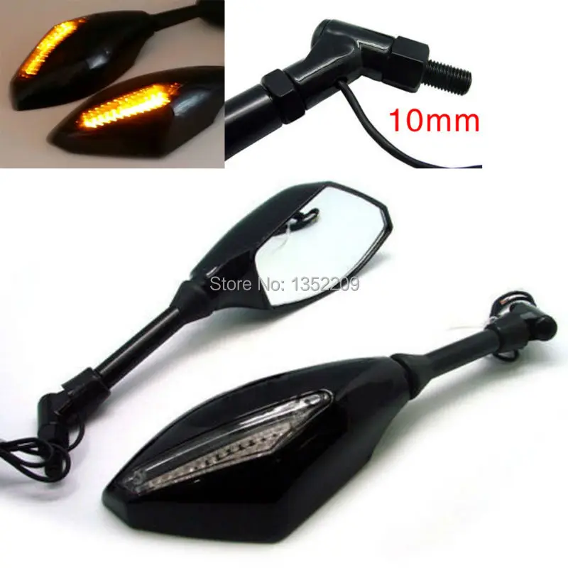 New Motorcycle LED Integrated Turn Signals Rearview Side Mirrors 10mm