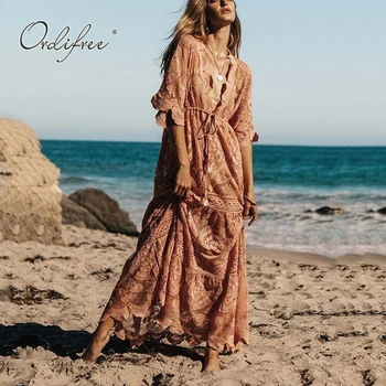

Ordifree 2019 Summer Women Long Beach Dress Bohemian Sexy Lace Maxi Dress