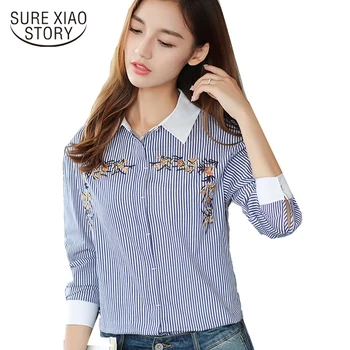 

2018 new women's tops autumn embroidery before long after short striped shirt long sleeves blouse fashion blouse 581J 30