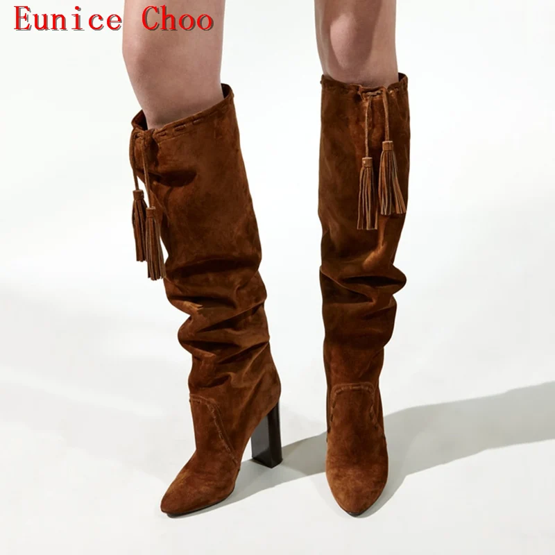 A Femmes Hauts De Automne Bottes Flock Hiver Talons Troupeau Cuisse b Bordée Noir Eunice Genou Dentelle Choo Chunky Brun Up Haute 2018 a4IR8xqIw