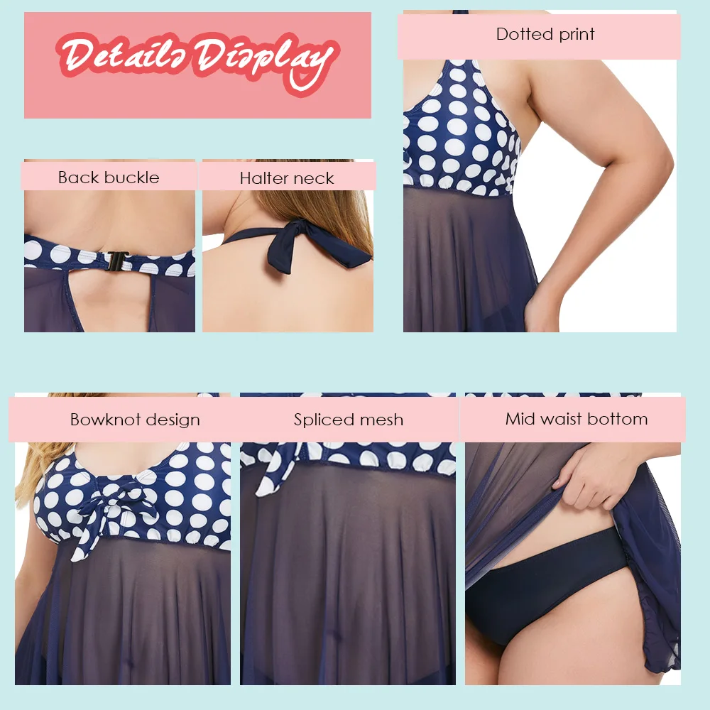 Plus Size Polka Dot Mesh Panel Tankini Set