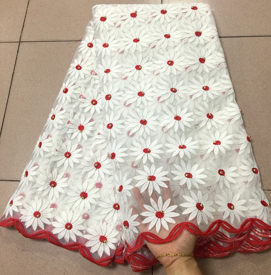 

New White+red African Lace Fabrics Embroidered Nigerian Guipure Cord Lace Fabrics High Quality French Lace Fabric With Stones