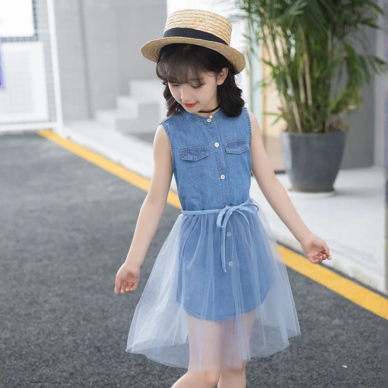 

jeans dress sleeveless long denim shirt for children 2018 summer top tee blouse kids clothing Size 7 8 9 10 11 12 13 14 Year