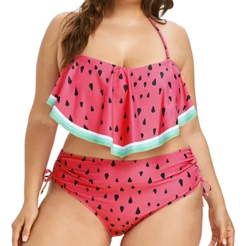 

Women Ruffles Large Size Beach Swimsuit Split Conservative Swimsuit Printing high waist Bikini 2020 mujer Monokini Brazilian