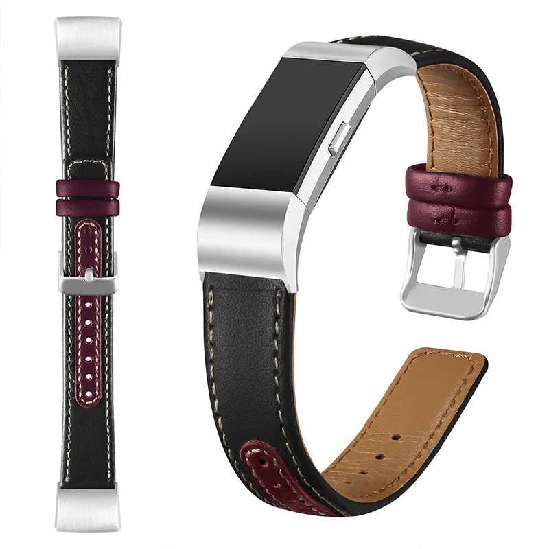 Replacement Bands Splicing Two-tone Genuine Leather for Fitbit Charge 2 Wristband Metal Connectors Fitness Strap Women Men Small Large 5 (11)