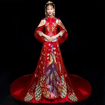 

Red Wedding Bride Chinese Style Cheongsam Traditional Lady Long Qipao Embroidery Women's Evening Dress marry Clothes S - XXL