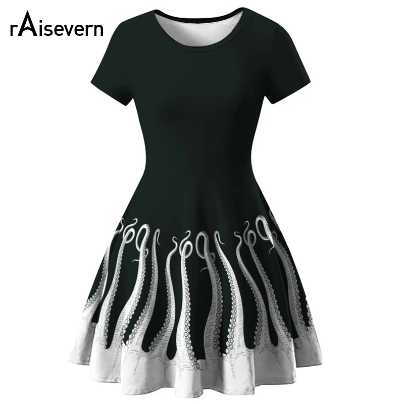 

Raisevern Women Octopus Squid Fancy Print Mini Dress Harajuku Skater Dress Casual Black A-line Summer Dress Vestidos Dropship