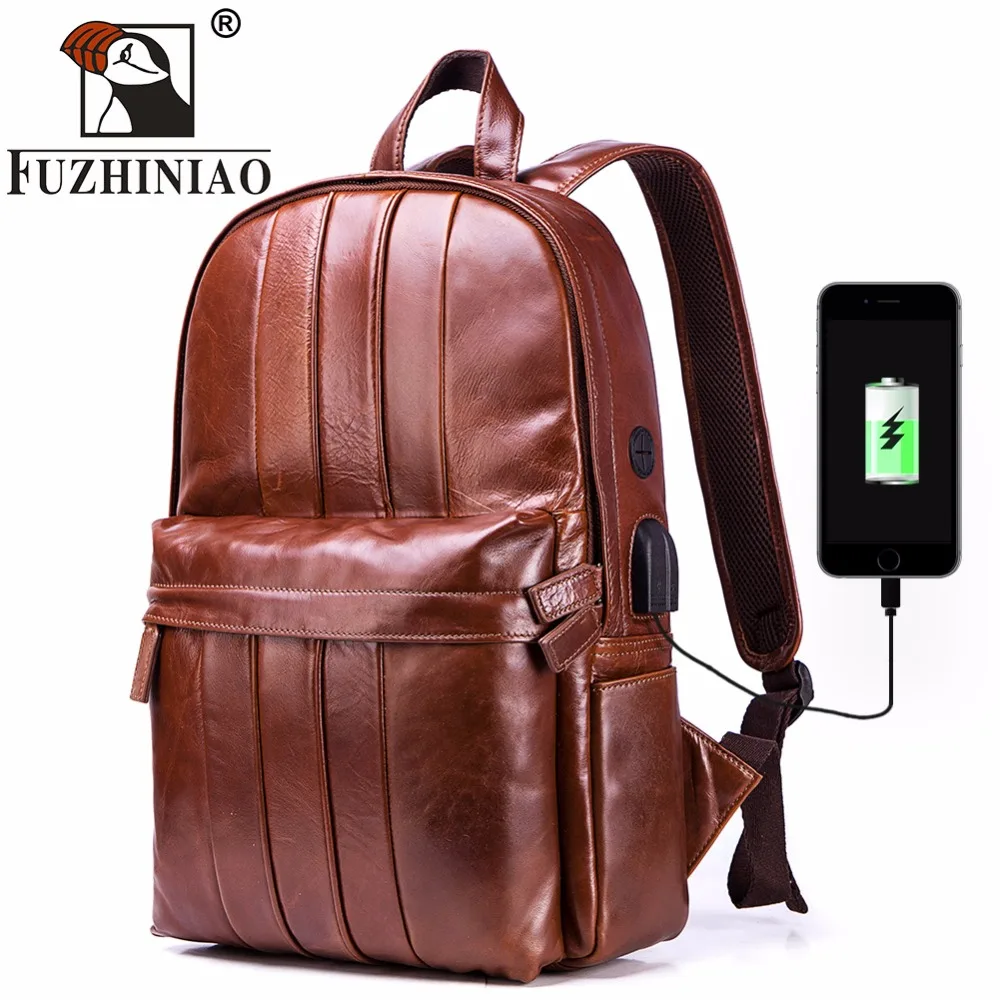 Multifunction USB charging Men 14inch Laptop Backpacks For Fashion Male Leisure Genuine Leather Travel Backpack Brands Design