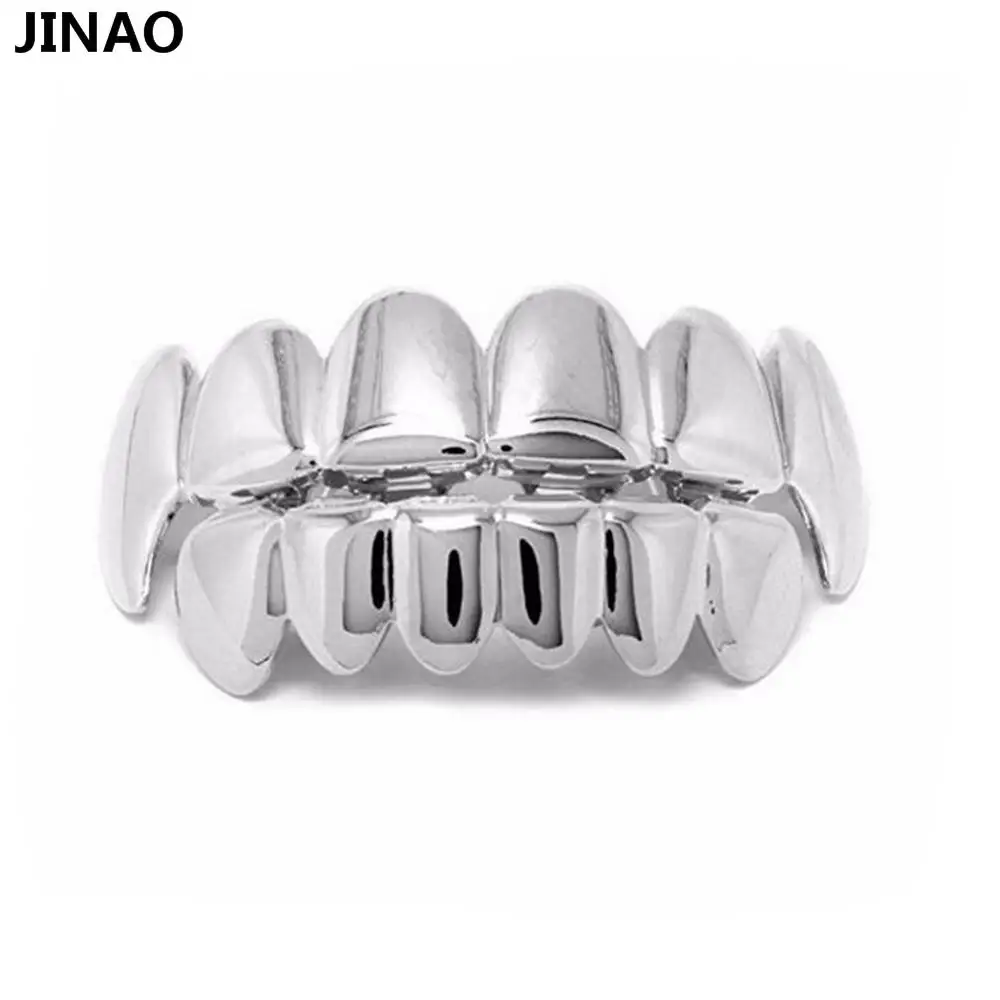 JINAO Настоящее блестящее чистое золото посеребренные хип-хоп ЗУБЫ Grillz Top& Bottom Groll набор с силиконовыми вампирскими зубами грили - Окраска металла: Silver Set