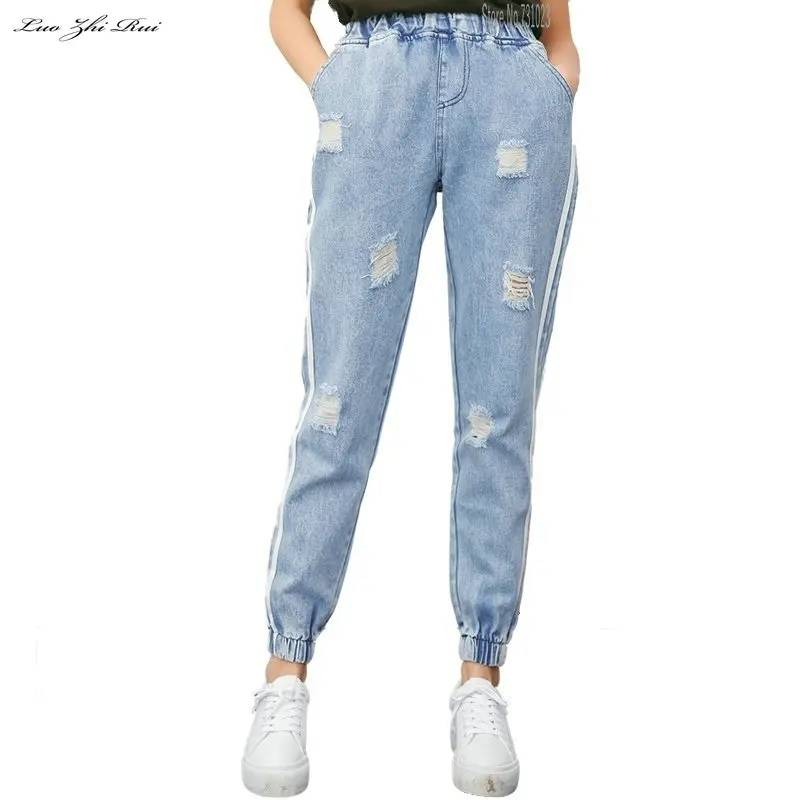 1W38 Harajuku свежие полосатые джинсы с разрезами для женщин консервативный стиль эластичные джинсы с высокой талией Femme Джинсы Mujer Прямая поставка