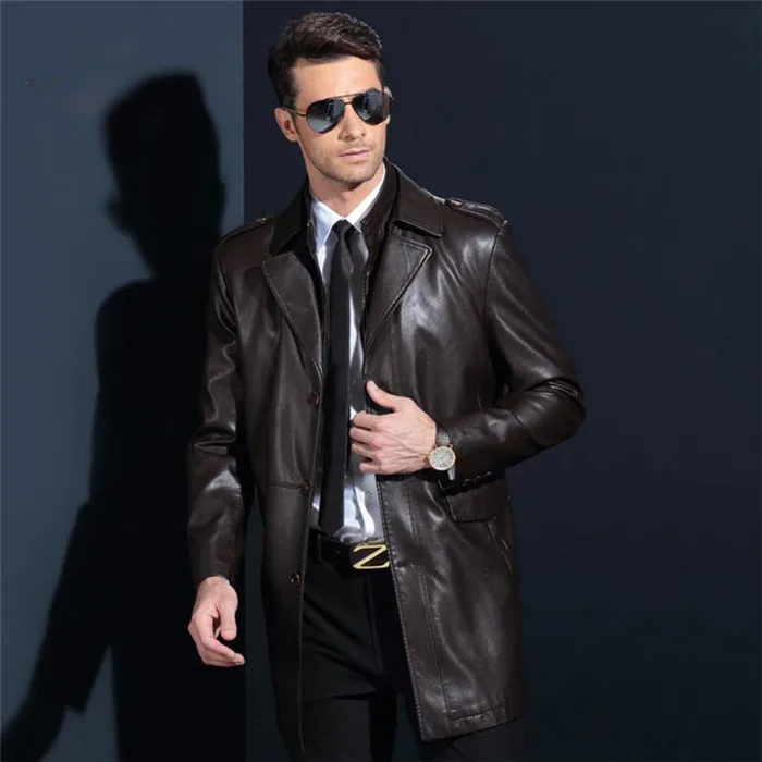 Long Leather Coats Men Single Breasted Coat Pu Leather Man Slim Trench ...