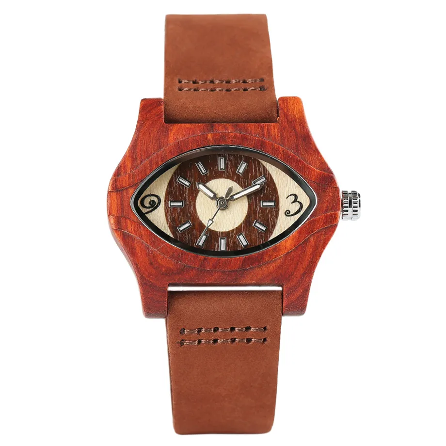 YISUYA Creative Angel Eyes Womens Natural Red Wooden Watches Fashion Casual Quartz Leather Band Elegant Wrist Watch for Men + Gift Bag (1)