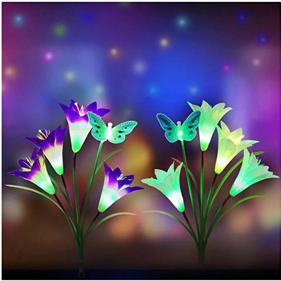 

2 Packs Solar Garden LED flower Lily with butterfly decoration Yard pathway Lawn Lamps