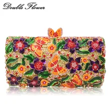 Двойной цветок бабочка и цветочный Для женщин Кристалл Вечерние Сумки жесткий металлический корпус свадебные клатчи сумка Свадебные Minaudiere Сцепления