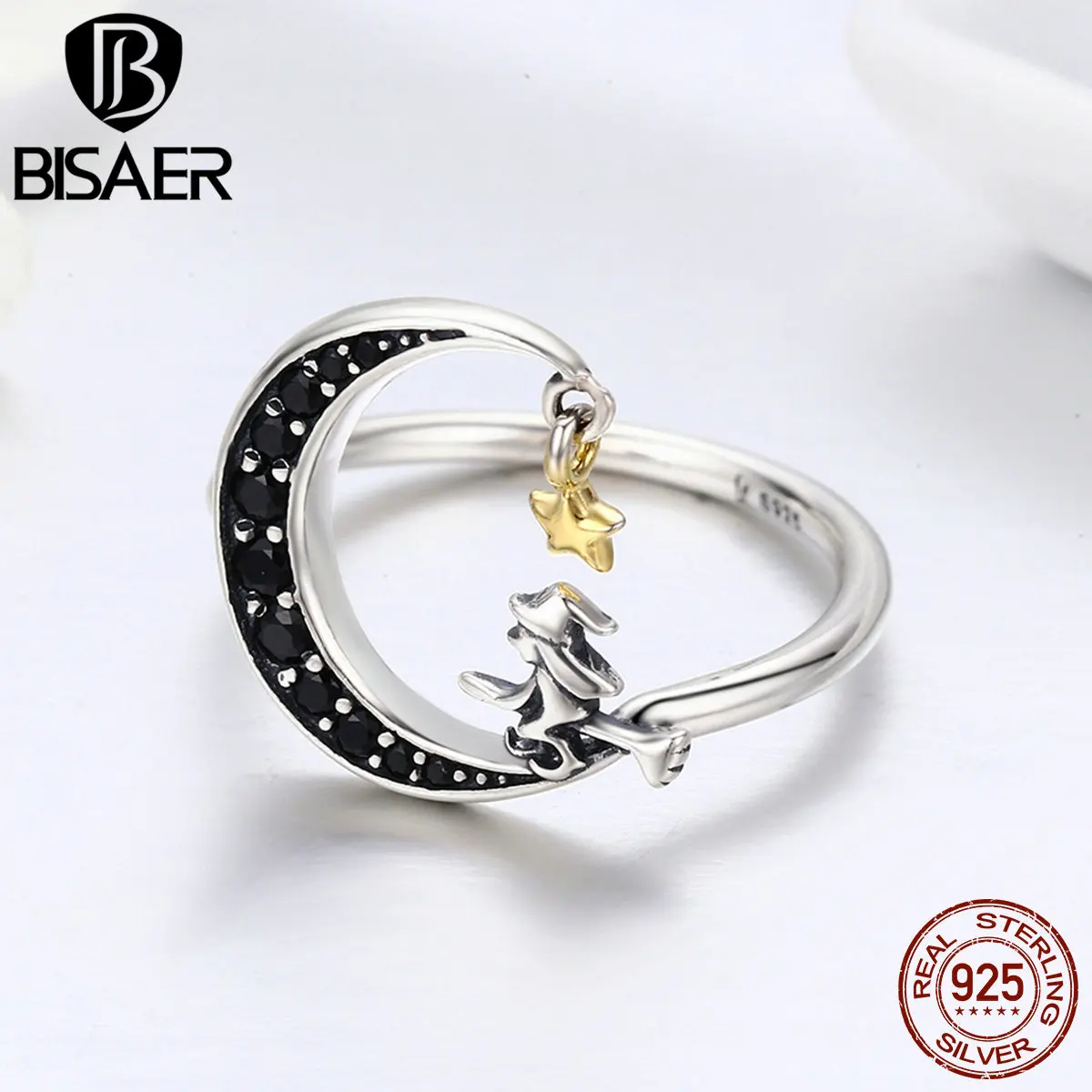 Real 100% 925 Sterling Silver Magic Witch Black Moon Star Dangle Finger Ring Women Girl Sterling Silver Jewelry Wedding Gift