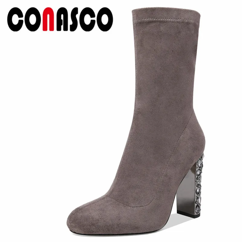 

CONASCO 1Fashion Women Mid-Calf Boots Autumn Winter Warm High Heels Shoes Woman Round Toe Rhinestone Party Prom Quality Pumps