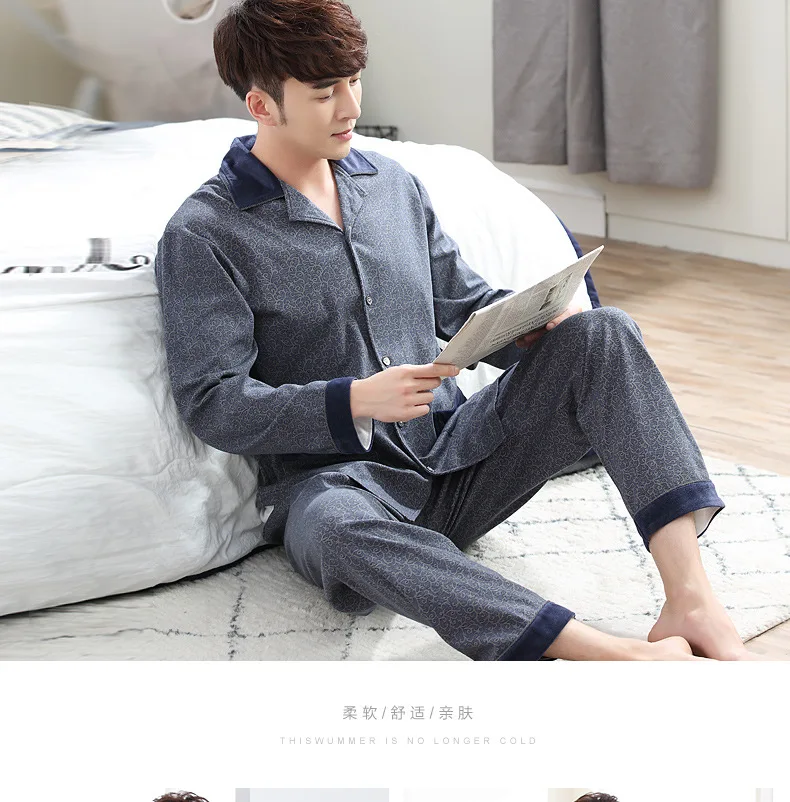 J & Q Новый для мужчин s пижамы хлопок вырез горловины кардиган с лацканами бренд мужчин's Домашняя одежда для сна отдыха мужчин ночное пижам