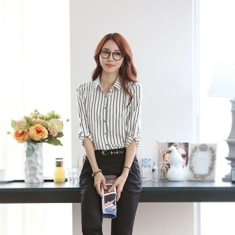 الأزياء جديد بلوزة حريمي OL السيدات كم طويل ابيض شريط أسود بلوزة المرأة ضئيلة قميص CX17