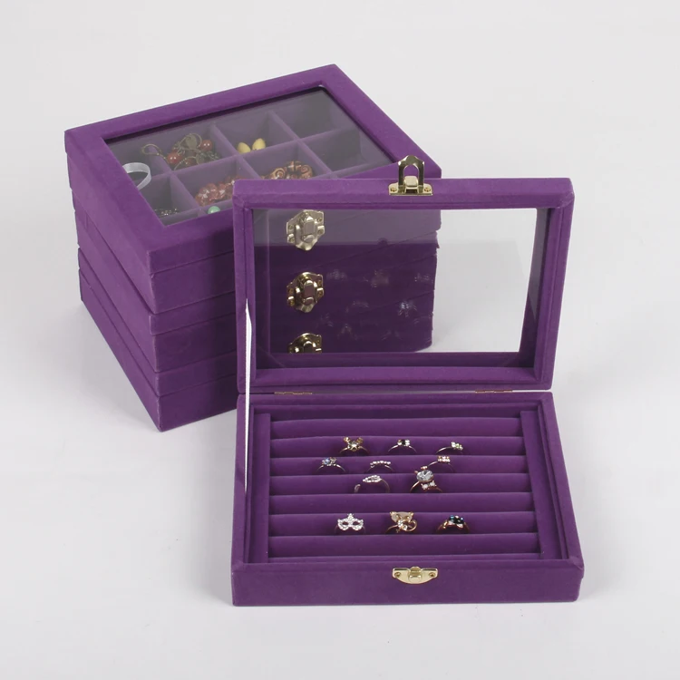

TONVIC 20X15cm Purple Velvet Jewelry Display Box Ring Earring Necklace Beads Storage Compartments Tray With Glass Lid