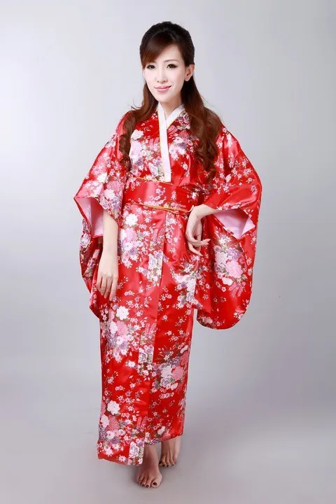 Красное азиатское японское винтажное Оригинальное шелковое кимоно-юката кимоно платье с Obi один размер H0044-C