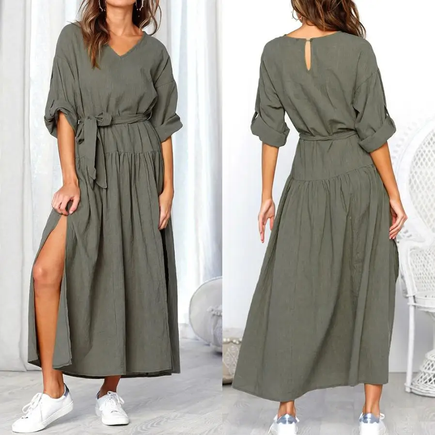 

Dress Women Long Sleeve V Neck Split Solid Sashes Fashion Dresses Ladies Casual Loose Maxi Dress Women Long Dress