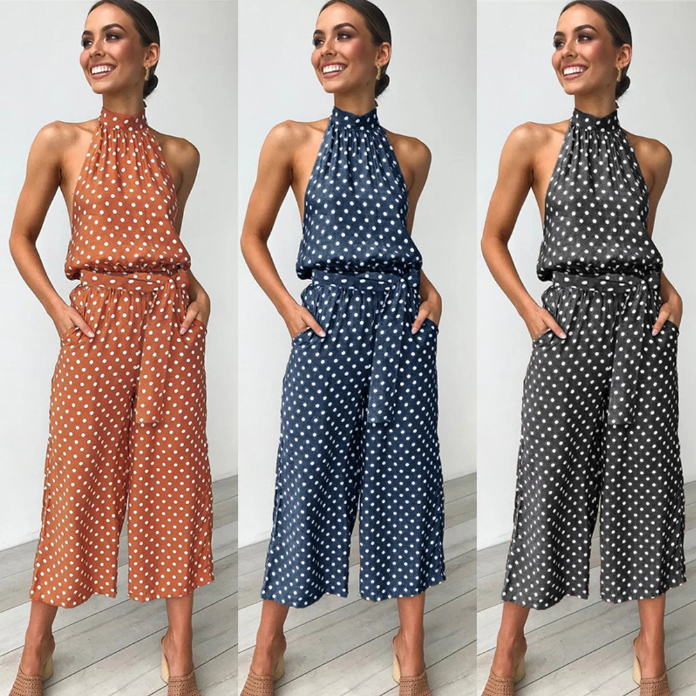 Polka Dots Print Turtleneck Shirred Waist Women Super Comfy Fashion Trendy Boho Print Loose Long Wide Leg Trousers Jumpsuit