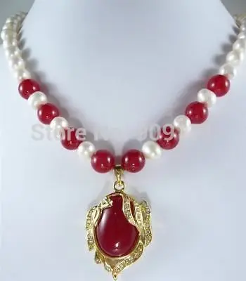

Free Shipping>>Elegant 7-8mm White Akoya Cultured Pearl&Ruby Necklace