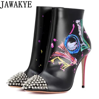 

Sexy Women thin High Heel Ankle Boots for women Pointed Toe Rivets studded Spike Love Graffiti short botas zapatos mujer