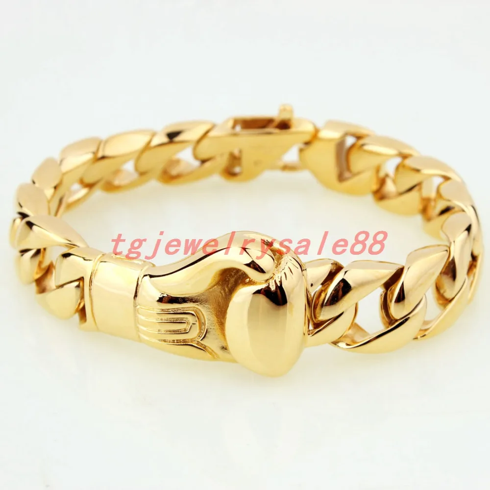 

15mm Wide Casting Cuban Curb Link Chain Yellow Gold Stainless Steel Boxing Glove For Strong Men's Fashion Bracelet 8.66"