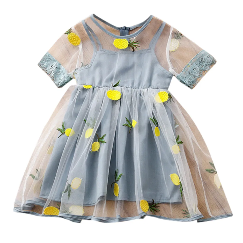 Милое платье принцессы для девочек ясельного возраста, лимон ананас, вышивка, тюль, вечерние торжественные платья Корейская версия sukienki dla dziewczynek