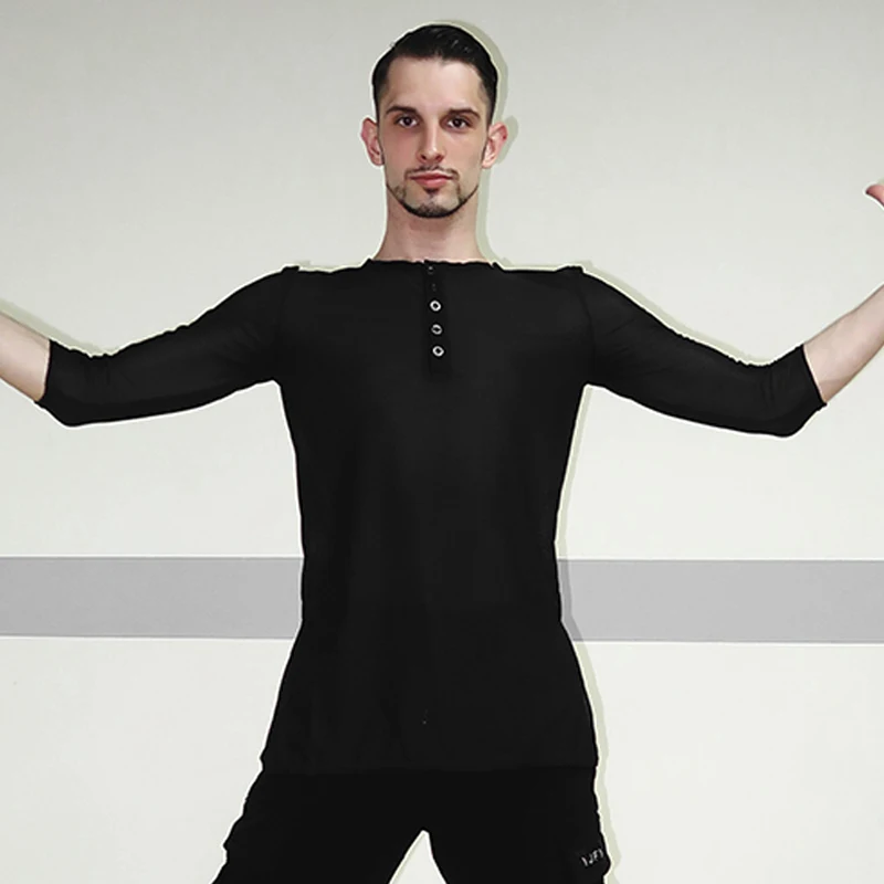 

Latin Dance Tops Male Round Neck Mid Sleeve Black Dancewear Shirts Adults Professional Competition Dancing Clothing Men DN3411
