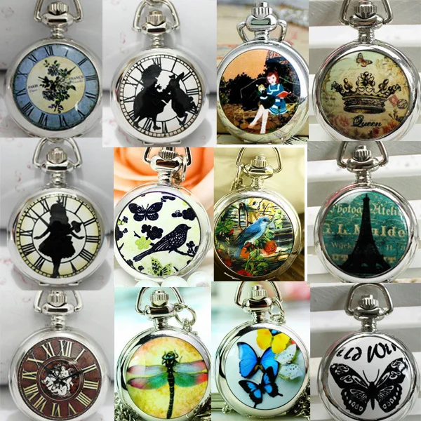 

(APW006) Wholesale Ceramic Alice in Wonderland Eiffel Tower watch Necklace Mirror Pocket watch , 12pcs/lot , Dia 2.9cm.