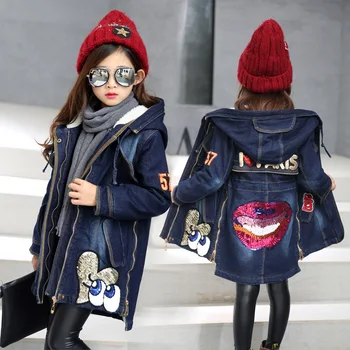 

Girl Denim Coat for Autumn Winter New Children Long Coat Girl Kids Thick Warm Coats Denim Cotton Hooded Jacket for 12 14 Years