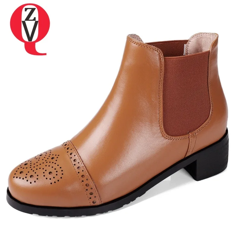 

ZVQ hot sale 2018 new concise casual genuine leather women shoes elastic band round toe med square heel ankle boots size 32-43