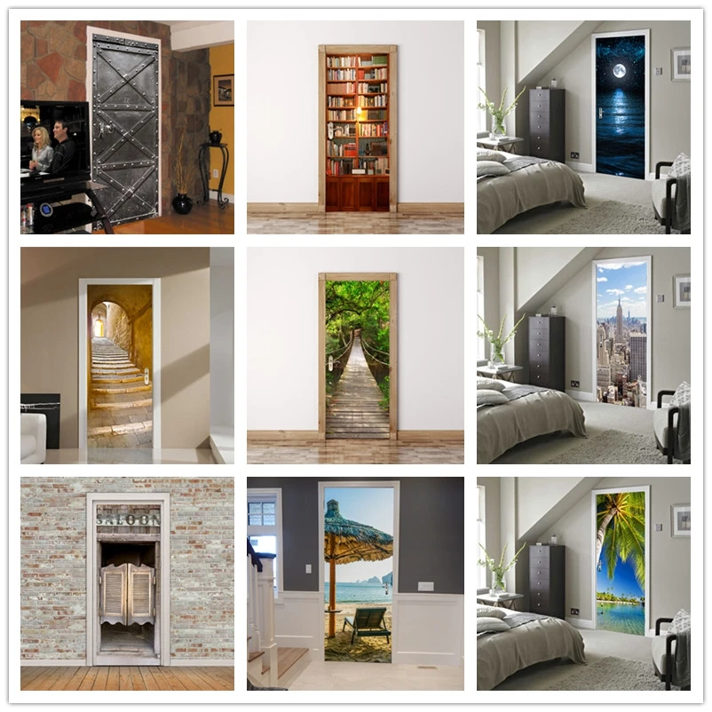 

3d Door stickers stair bookcase city landscape moon wall paper for door decoration refresh wooden door poster paste 200cm*77cm