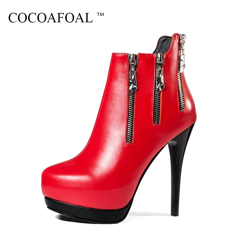 

COCOAFOAL Autumn Winter Red Martin Boots Plus Size 33 Genuine Leather Chelsea Ankle Boots 13 CM Black Women's High Heeled Shoes