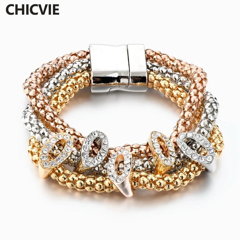 

CHICVIE 3 PCS/Set Gold Handmade Ethnic Crystal custom Bracelets & Bangles For Women Punk Brand Jewelry Charms Bracelet SBR160369