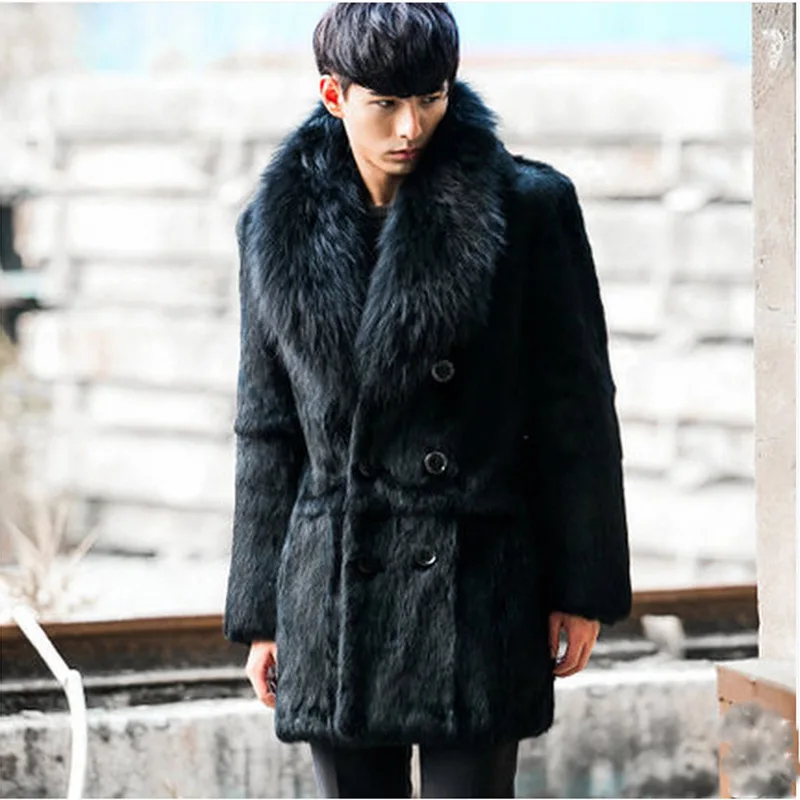 

Furry 2019 Winter Fur Coats With Fake Fox Fur Collar Faux Fur Coat For Men Black Plus Size Leather Jacket Furry Outerwear XL768