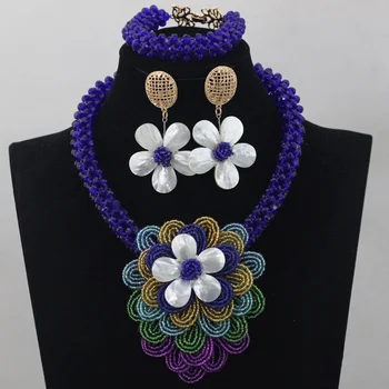 

Multicolor Flower Pendant Statement Necklace Set Royal Blue Crystal Beaded Bridal Jewelry Set Lady Free Shipping WD449