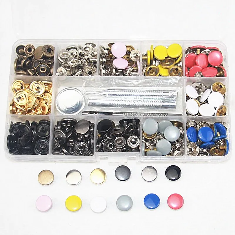 

120sets 12color 633 Metal Snap Fastener Press Stud Buttons Poppers Leather Craft for Clothing+1sets Fixing Tools Kit+Storage Box