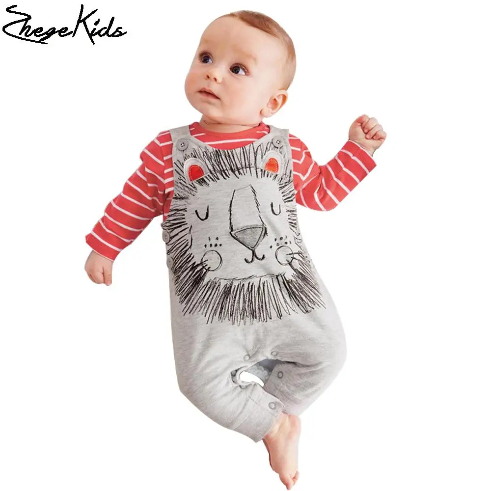 

Spring Autumn Baby Clothing Set Striped t shirt + Cartoon Lion Pattern Overalls 2pcs Toddler Costume Infant Outfits Baby Sets