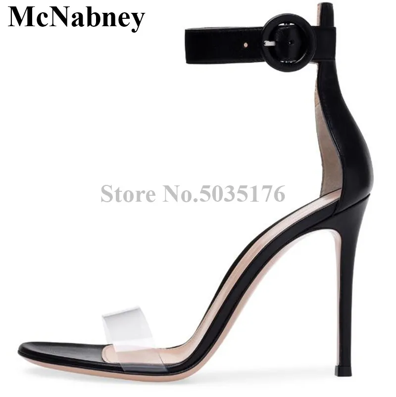 

2019 European Newest Fashion Solid PVC Peep Toe Buckle Strap Back Strap Women Sandals High Heel Stiletto Heel Dress Women Shoes