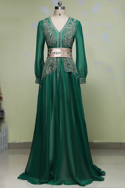 Elegant Emerald Green Long Sleeve Evening Dress Gown Arabic Style ...