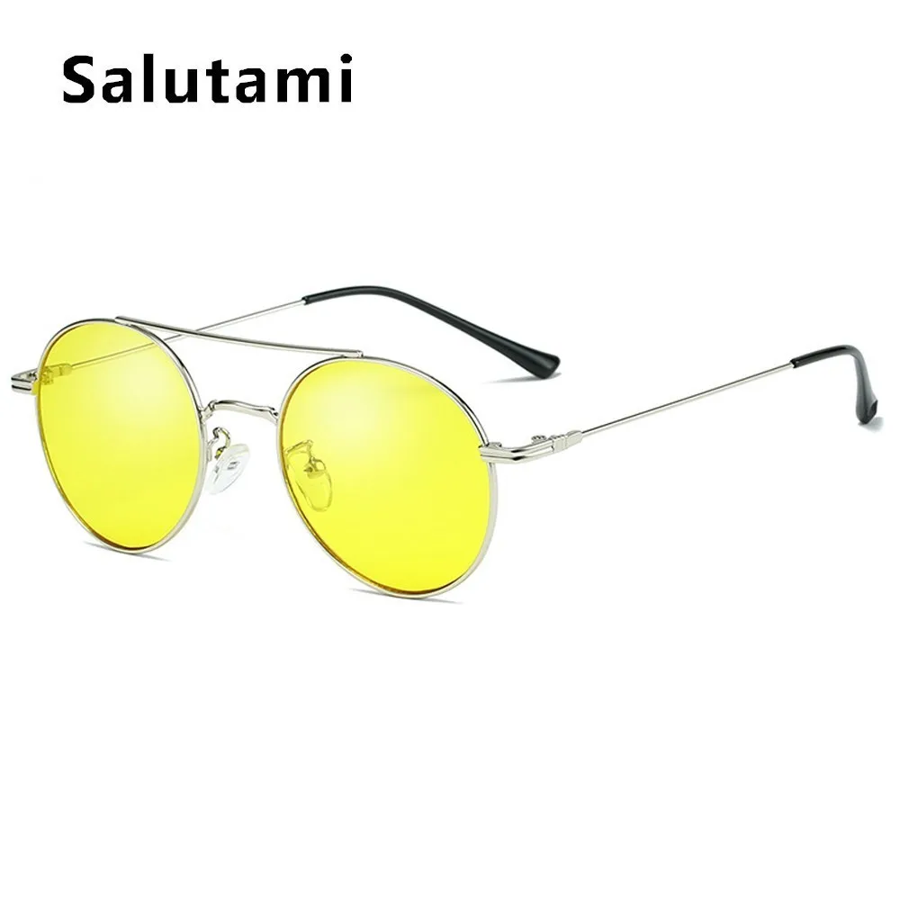 Мужские солнцезащитные очки с двойным мостом, сплав, круглая оправа, винтажные черные солнцезащитные очки для женщин,, роскошные оттенки, классические очки, Uv400, очки - Цвет линз: silver yellow